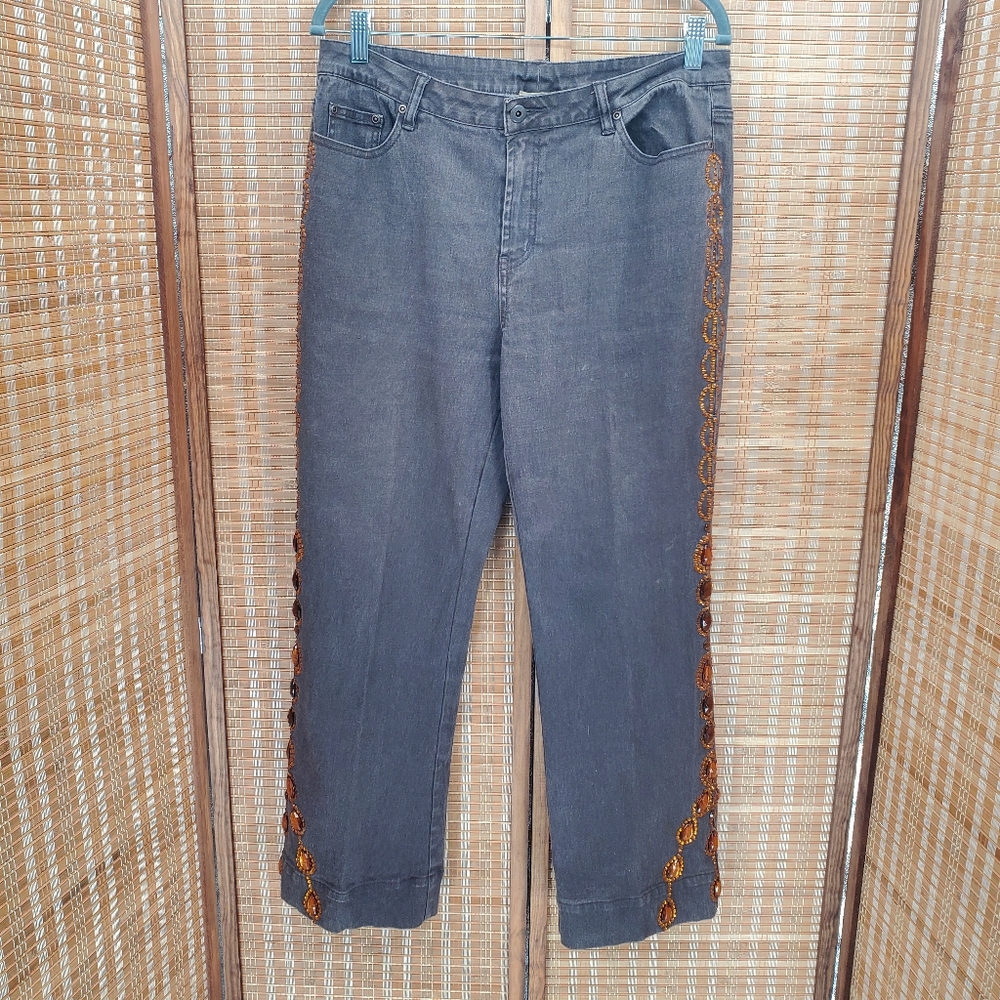 ♧ Midnight Velvet Gray Jeans with Orange Jewel Embellishments Size 12 *Hemmed*